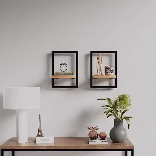 vidaXL Set of 2 Industrial Wall Shelves in Acacia Wood and Steel, W/D/H: 25 x 25 x 35 cm – 2