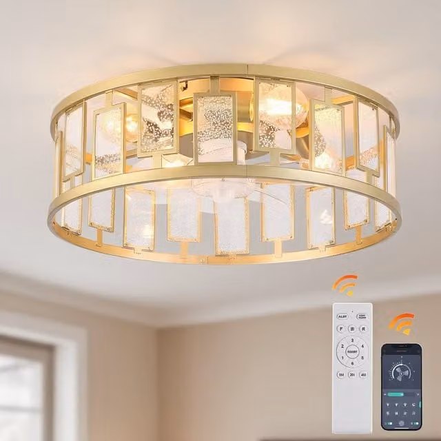 NIVOR 4 Light Gold Crystal Caged Ceiling Fan with Remote and App Control, Reversible E27 Metallic Gold