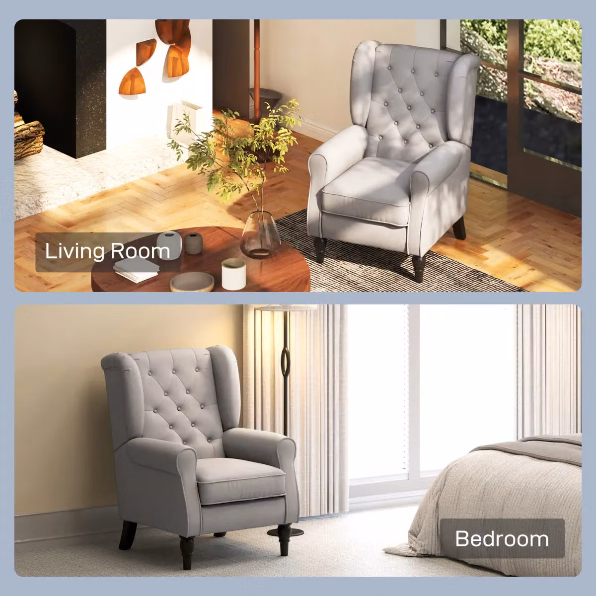HOMCOM Grey Fabric Wingback Accent Armchair with Solid Wood Frame and Button Tufting – 6