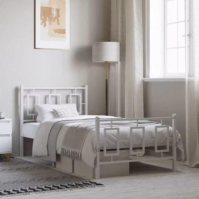 Berkfield Home Metal Bed Frame with Footboard in White, W/D/H: 90 x 200 cm