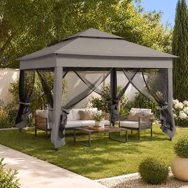 STILVORA Garden Gazebo in Grey with Net Curtains, W/D/H: 300 x 300 x 270 cm