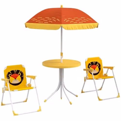 Outsunny Kids Lion Themed Bistro Set with Adjustable Parasol, 4 Pieces, Yellow