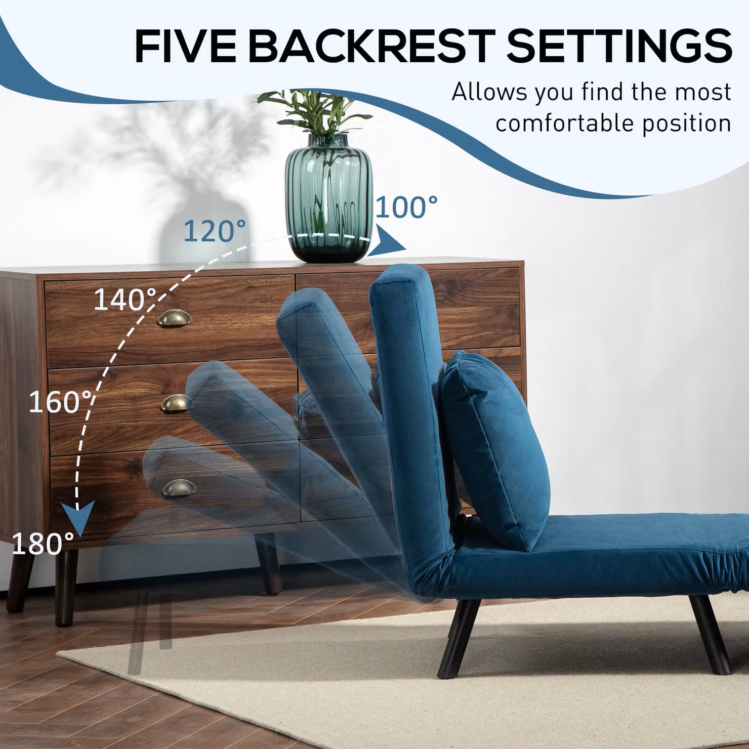 HOMCOM Blue Velvet Click Clack Bed Settee with Metal Frame and Foam Upholstery – 6