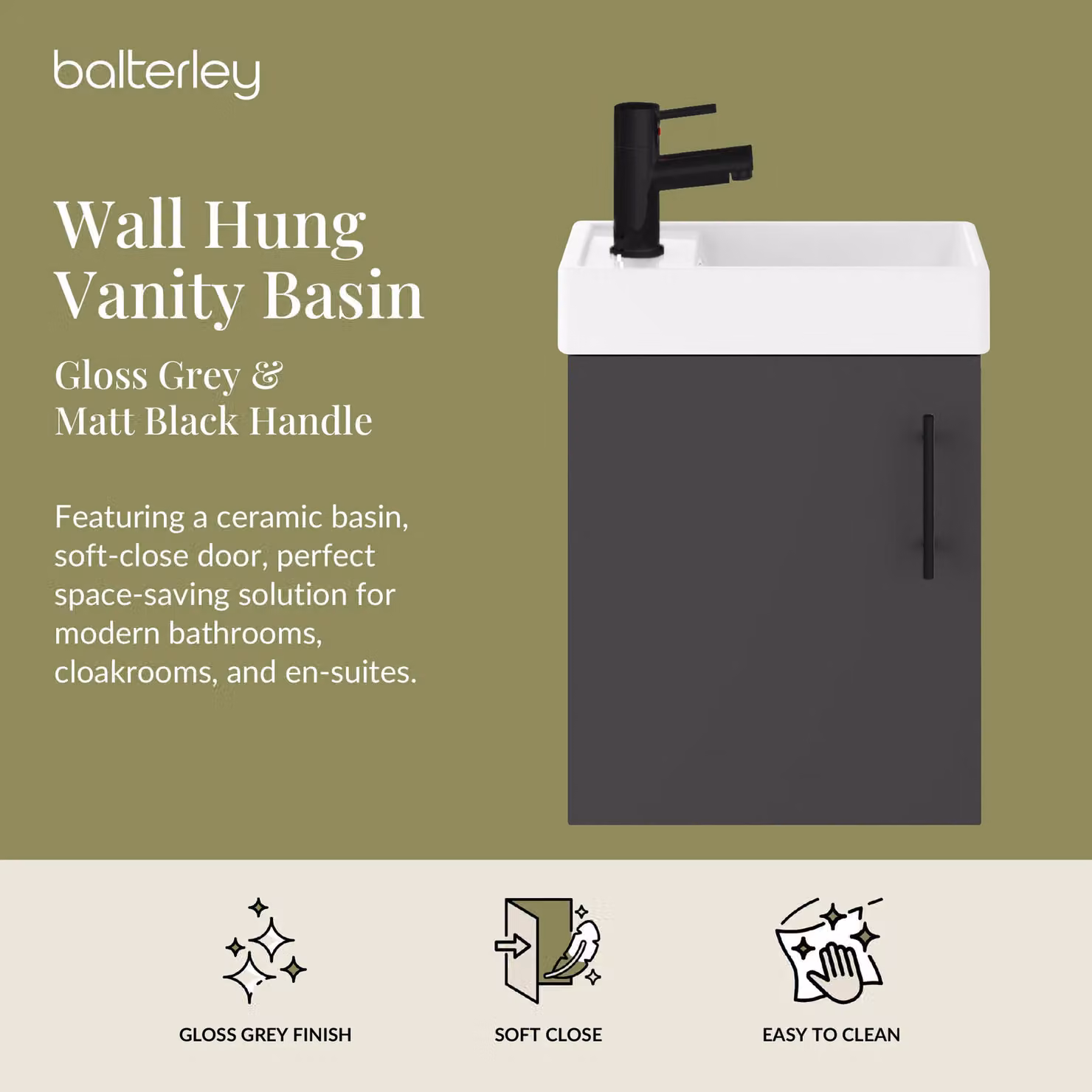 Balterley Wall Mounted Gloss Grey Vanity Basin with Matt Black Handle, Width: 40 cm – 2