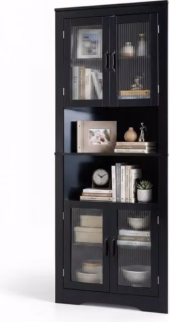Costway 6-Tier Corner Storage Cabinet with 4 Glass Doors, Black