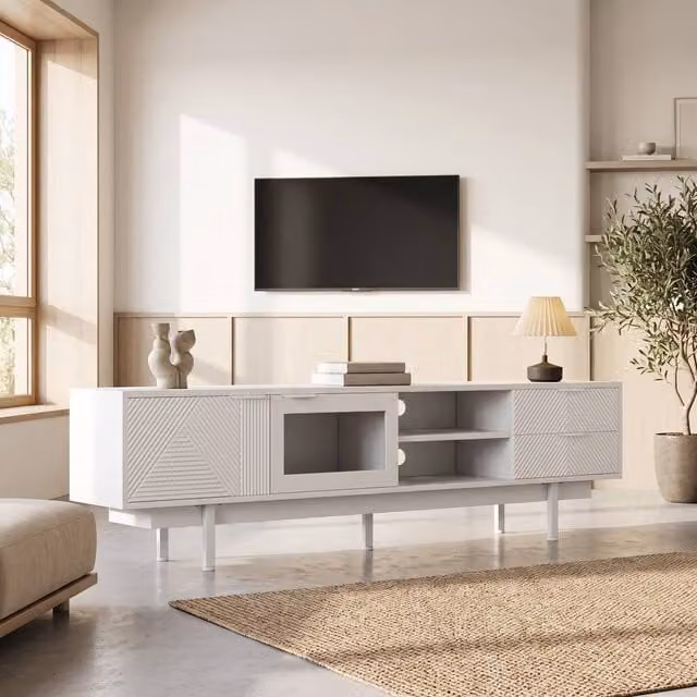 STILVORA Modern White Matt TV Stand with 2 Doors, 2 Drawers, Shelves and Grommet, Width: 200 cm