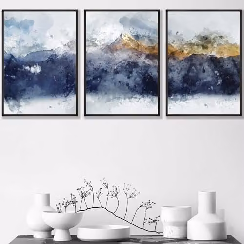 ARTZE Set of 3 Abstract Modern Mountain Paper Posters in Blue and Yellow, W: 30 cm x H: 42 cm