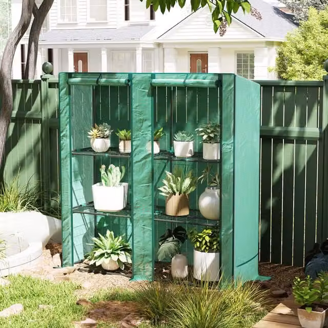 Outsunny 3 Tier Lean-to Mini Greenhouse with Reinforced PE Cover, Green