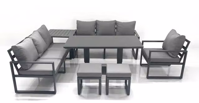 Fimous Outdoor Garden Furniture Set in Dark Grey Aluminium with Adjustable Lifting Dining Table, Lounge Sofa, 2 Footstools and Side Table