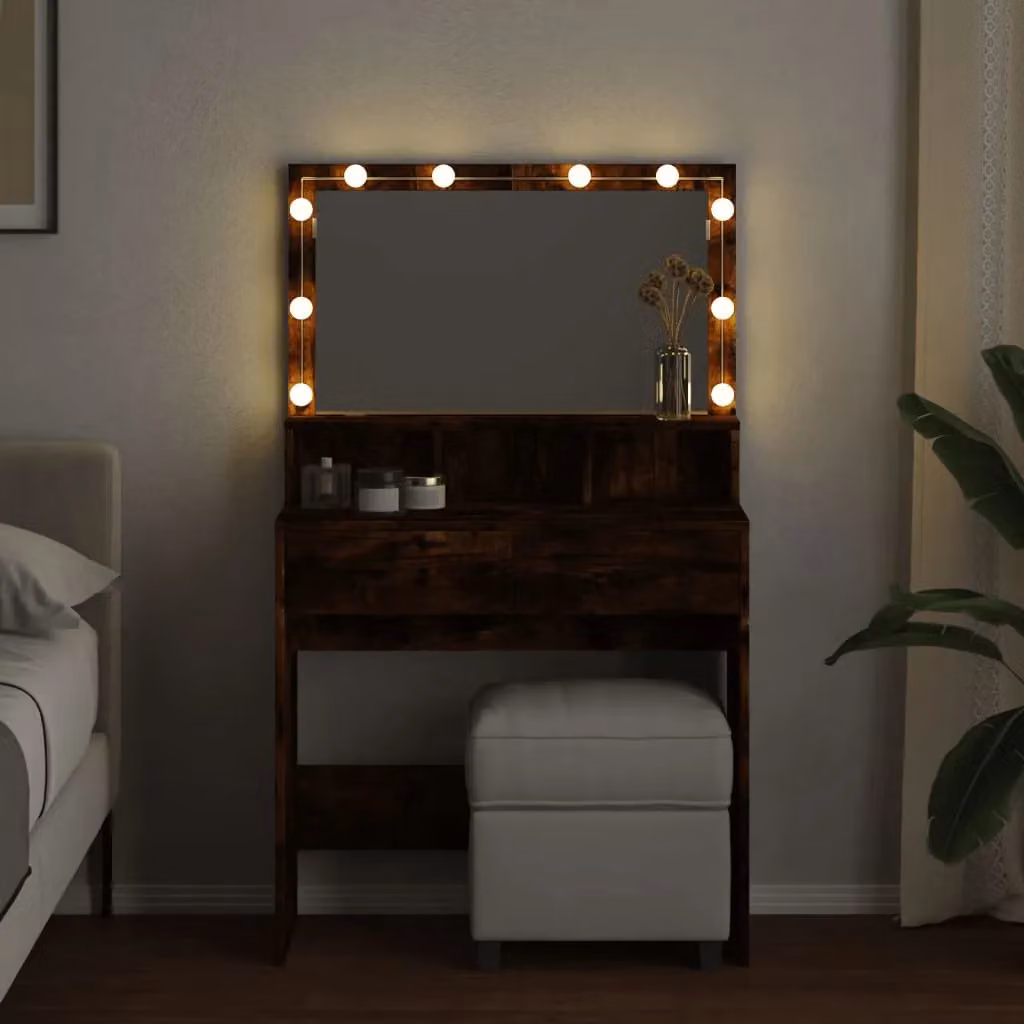 Berkfield Home Modern Smoked Oak Dressing Table with LED in Brown, W: 80 cm, D: 41 cm, H: 134.5 cm – 3
