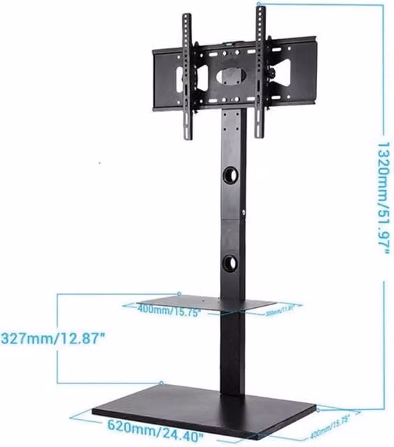 Nordara Black Metal Floor TV Stand with Mount and 2-Tier Storage Shelves, W/D/H: 132 x 40 x 40 cm