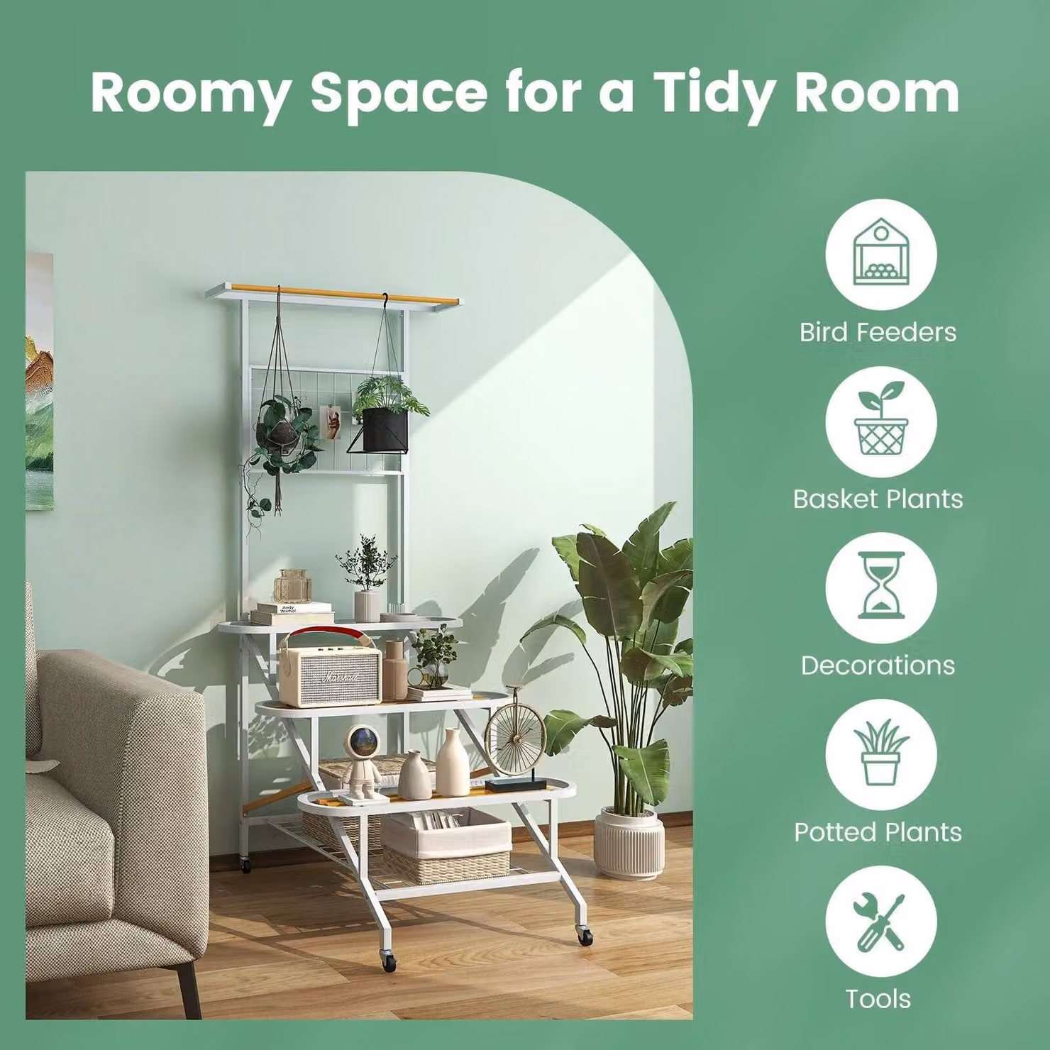 Costway 4-Tier Hanging Plant Stand Ladder Shelf with Hanging Bar and Trellis in White – 3