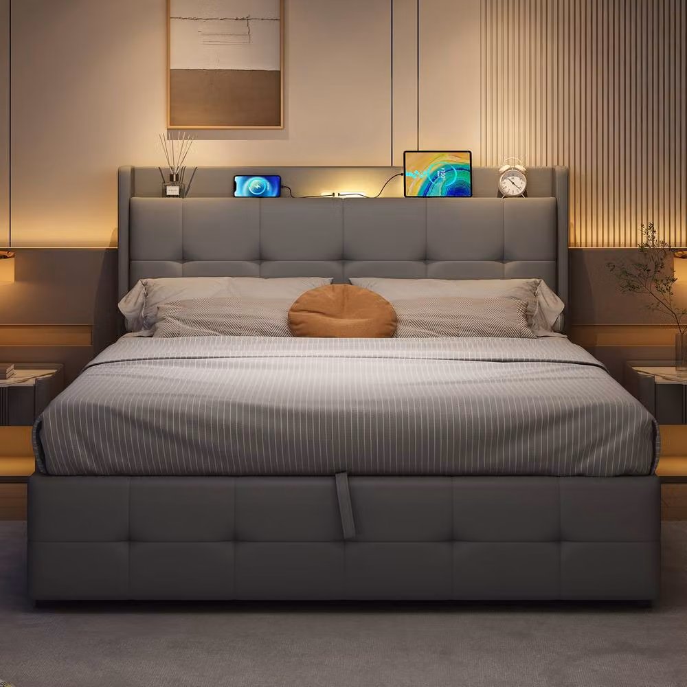 Rolipo King Size Ottoman Bed in Grey PU Leather with Hydraulic Storage, LED Under-Bed Lighting and USB Charging Port, W/D/H: 180 x 200 cm – 2