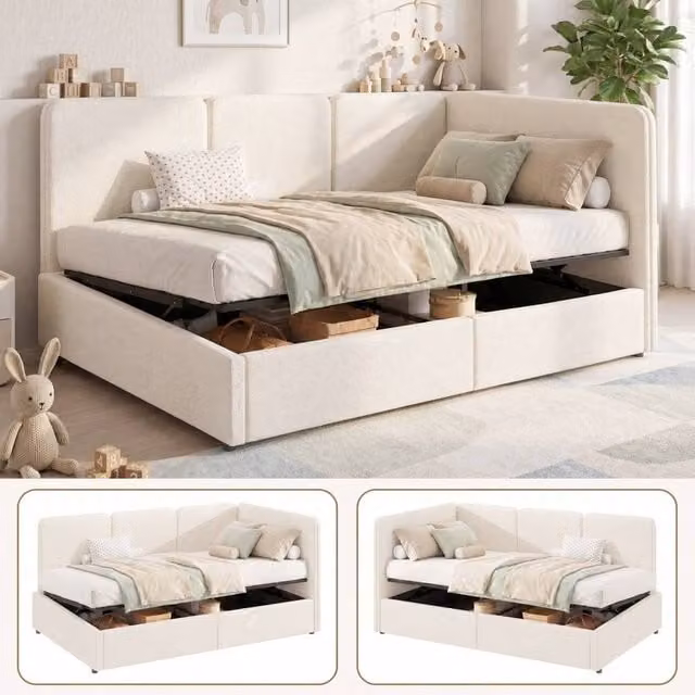 Rolipo Single Ottoman Daybed with Storage, Beige Bouclé Upholstered Asymmetric Chaise, W/D/H: 90 x 190 cm – 1