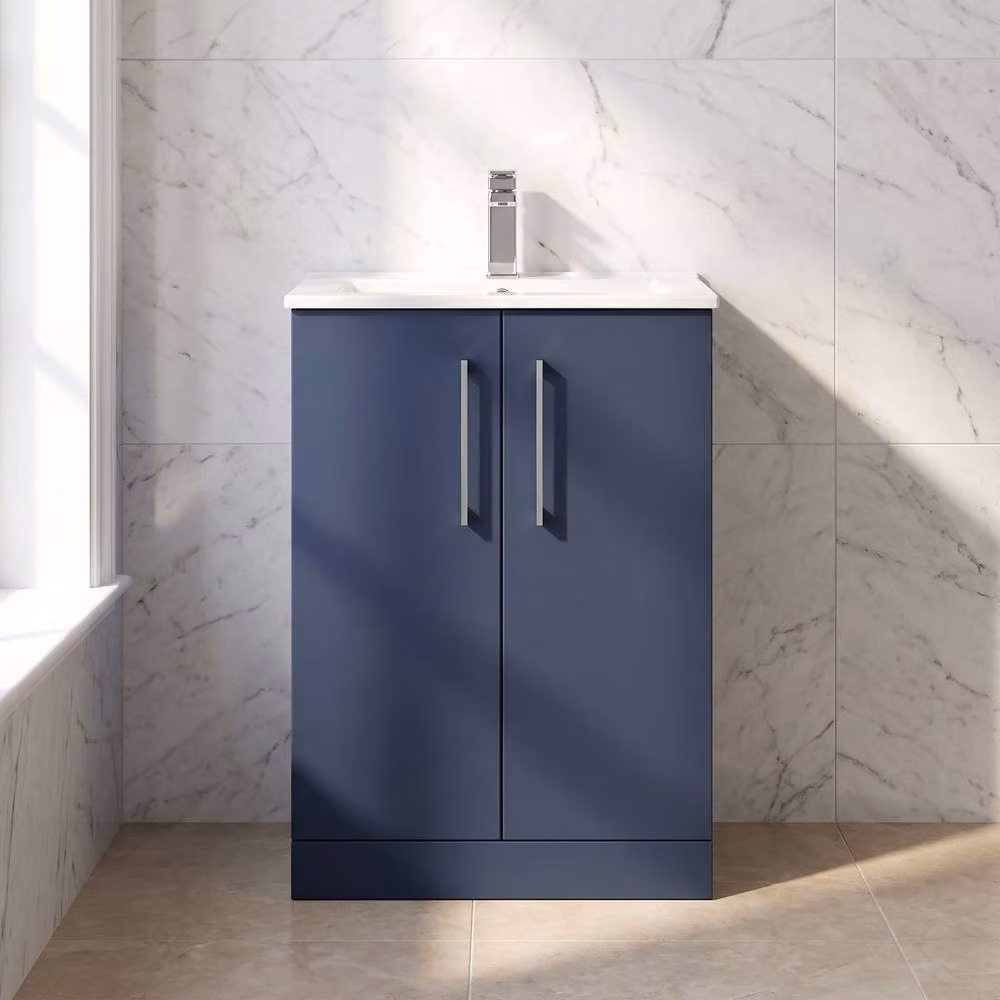 Balterley Blue Modern Freestanding Bathroom Floor Vanity Unit with Soft Close Doors and Basin, Width: 60 cm – 3
