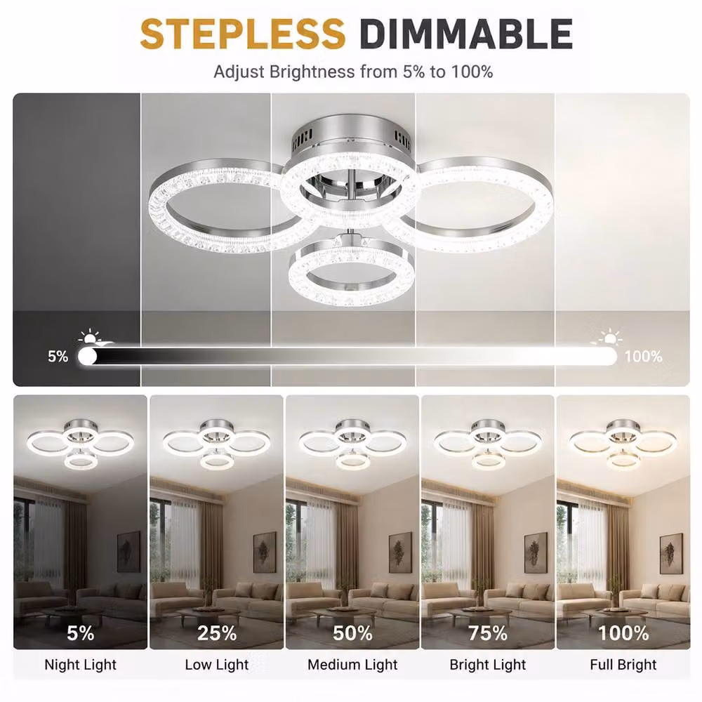 INMTFEI 4 Ring Chrome Crystal LED Ceiling Light, Dimmable Flush Mount Fixture in Silver – 3