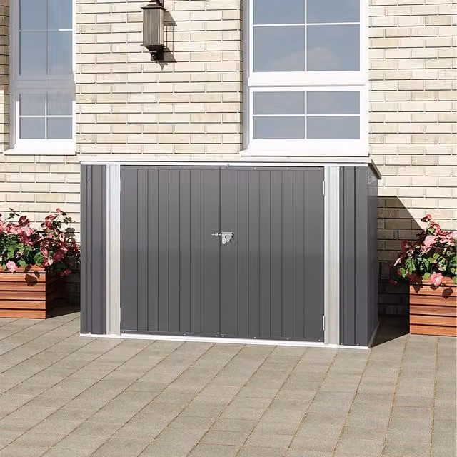 Livingandhome Grey Metal Pent Roof Garden Storage Cabinet with Hinged Lid and Single Door