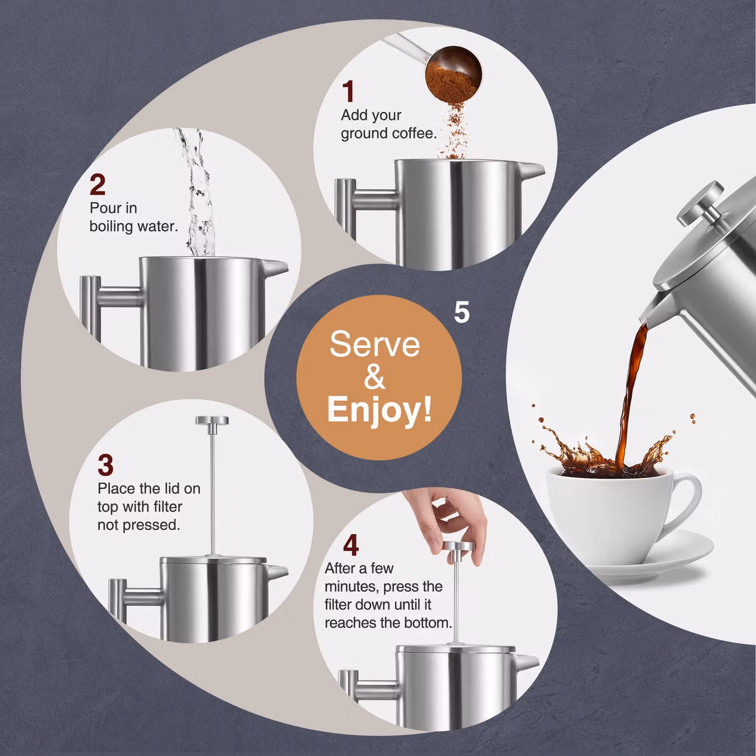 VonShef 1.5L Double-Walled Stainless Steel Cafetiere in Silver with 2-in-1 Measuring Spoon and Bag Sealing Clip – 4
