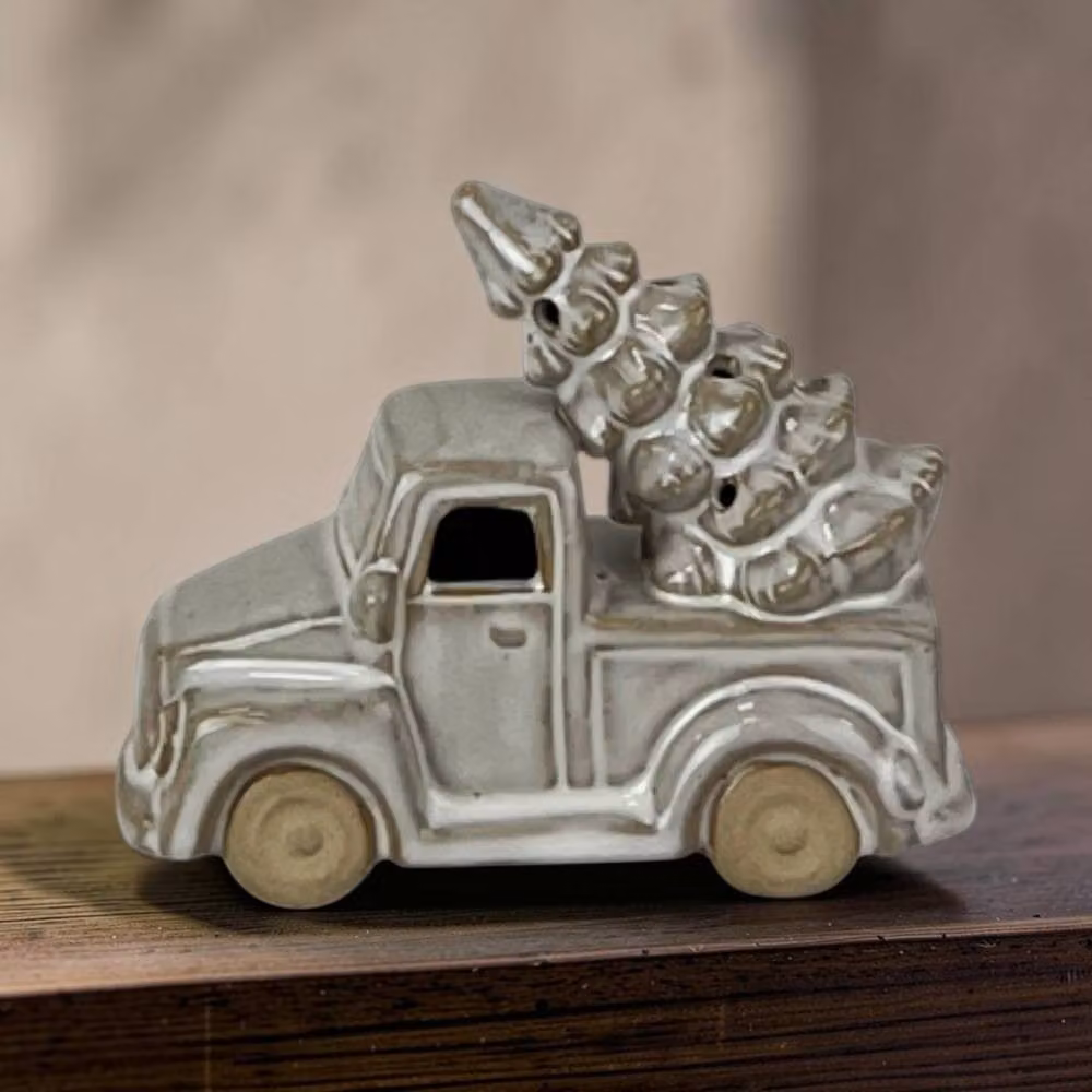 Four Candle Glazed Ceramic LED Christmas Truck Ornament with Tree Detail in Grey – 2