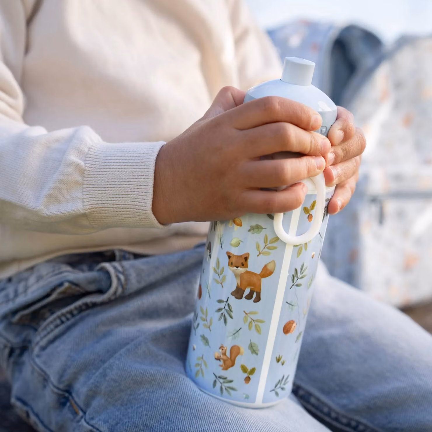 Little Dutch Campus Pop-Up Water Bottle in Blue with Forest Friends Design – 3