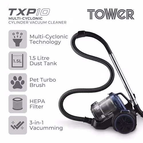 Tower T102004 TXP10 Multi-Cyclonic Bagless Cylinder Vacuum Cleaner, 800W, 1.5L, Blue – 2