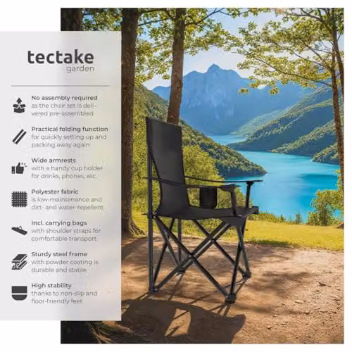 tectake Set of 2 Foldable Camping Chairs in Black with Cup Holders and Carry Bags – 3