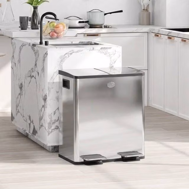 STILVORA 40L Dual Compartment Stainless Steel Kitchen Bin with Pedal Lid in Silver – 1