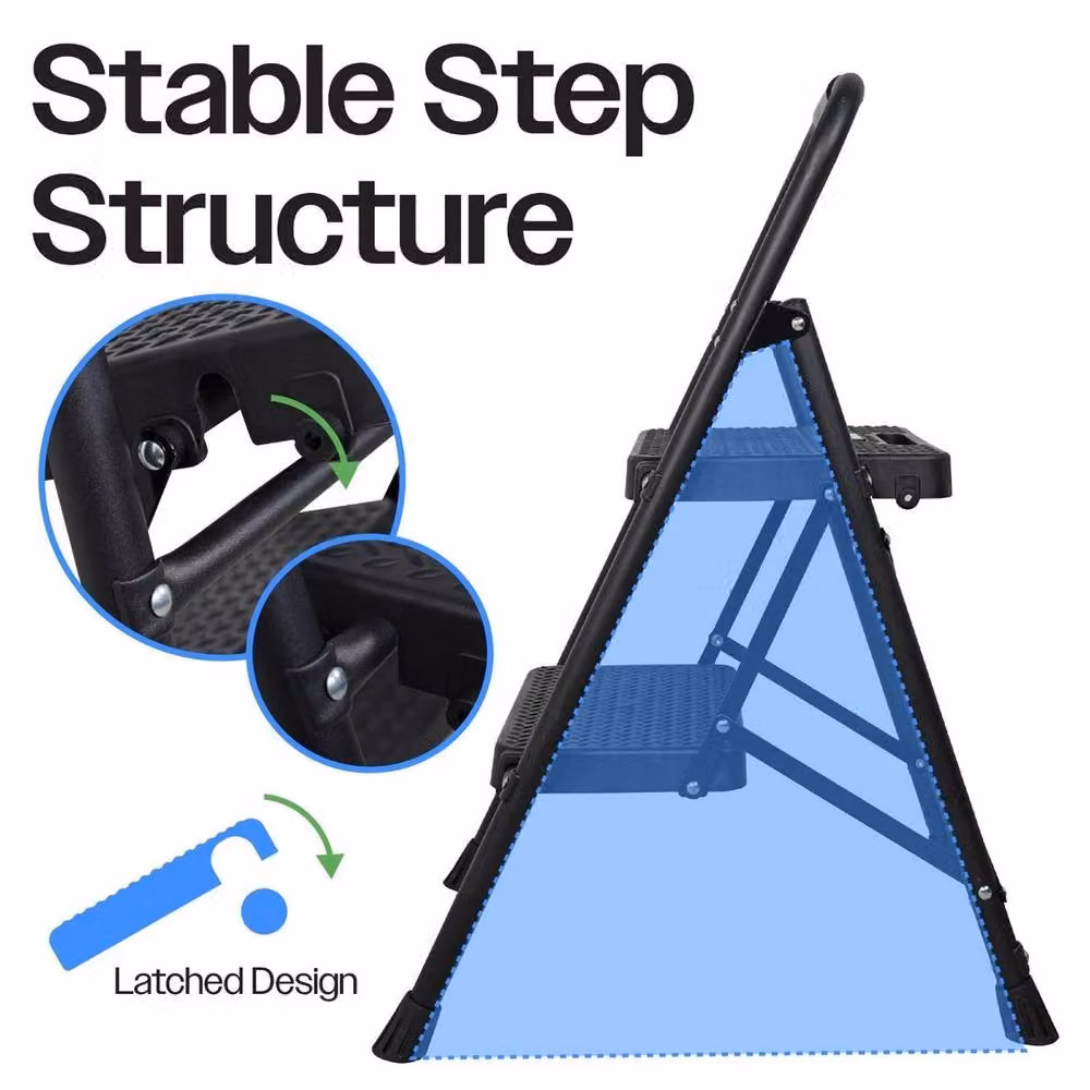 NESTLUNE 2 Step Folding Ladder in Black, Durable Steel with Non-Slip Rubber Feet, W: 40 cm, H: 100 cm – 4