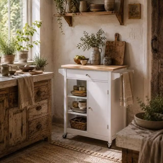 Wyld Haus Yota Mobile Kitchen Island Trolley in White MDF with Natural Rubberwood Top, H 86.5 x W 66.0 x D 39.5 cm – 1