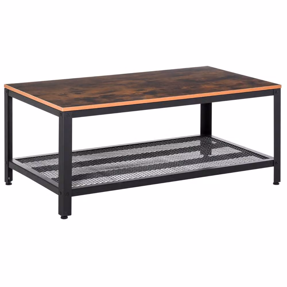 Pirlo Plush Industrial Rectangular 2 Tier Coffee Table with Storage Shelf in Brown, W: 60 cm, D: 45 cm, H: 40 cm – 6
