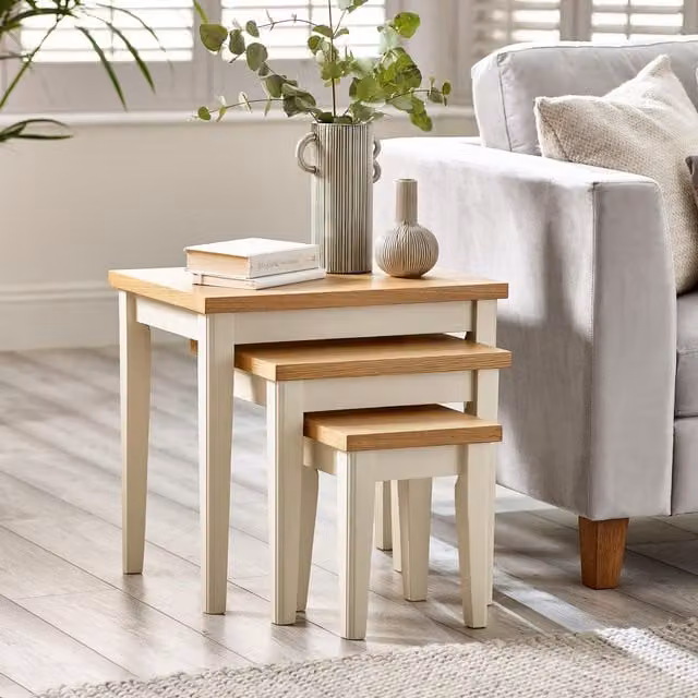 FurnitureboxUK Eden Set of 3 Modern Rubberwood Nesting Tables in Brown and Beige