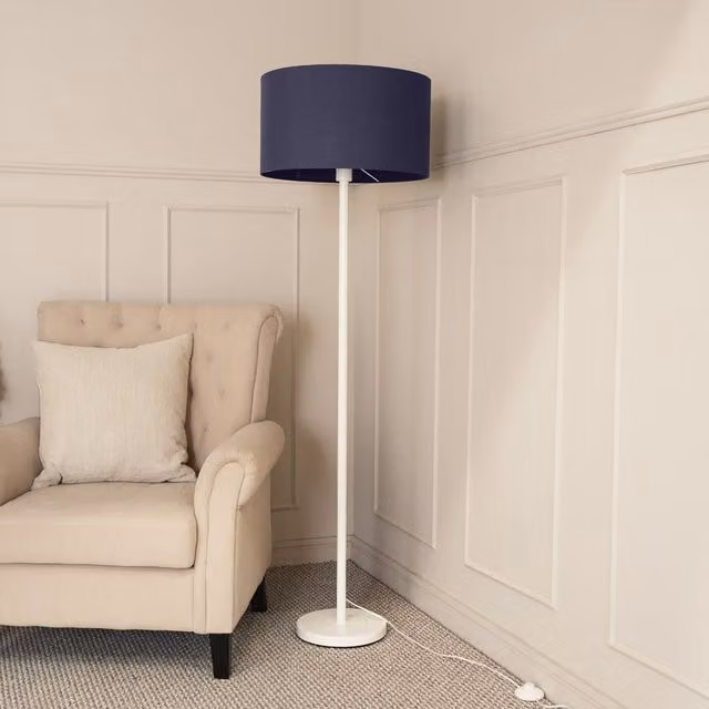 ValueLights White Metal Single Stem Floor Lamp with Blue Fabric Drum Shade