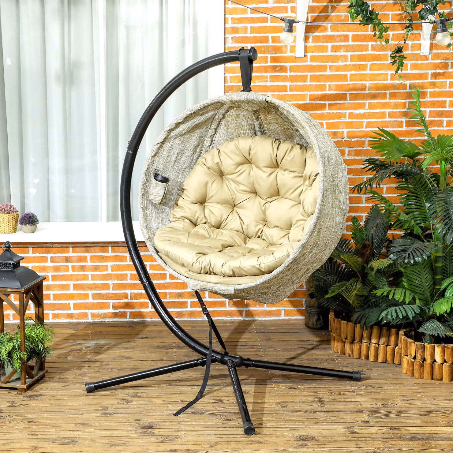 Outsunny Hanging Egg Chair with Stand and Folding Basket in Beige – 3
