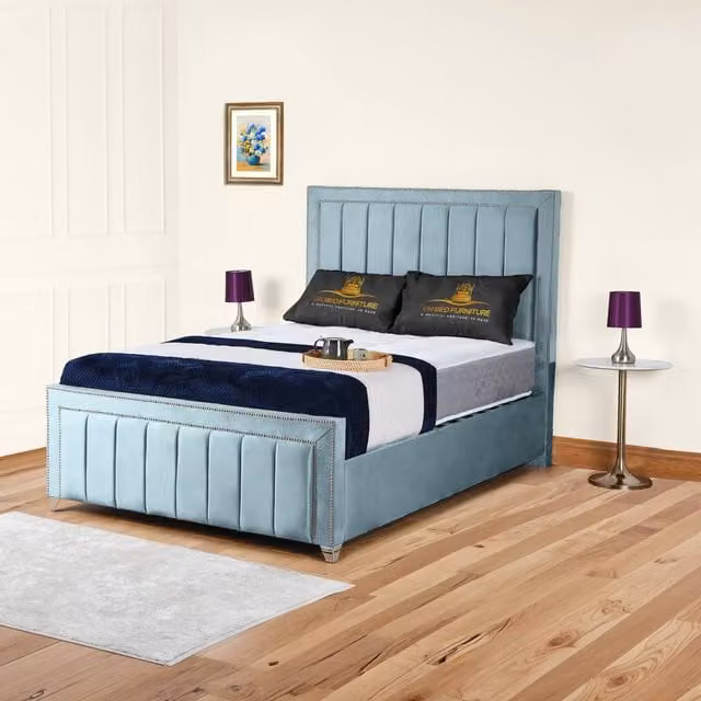UK Bed Furniture Fiona Upholstered Slatted Base Bed with 48 Inch Headboard in Light Blue, Size: King (W/D: 180 x 200 cm)