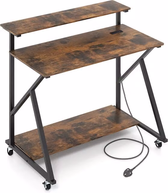 COSTWAY Mobile Rolling Computer Desk with Monitor Stand in Black and Brown