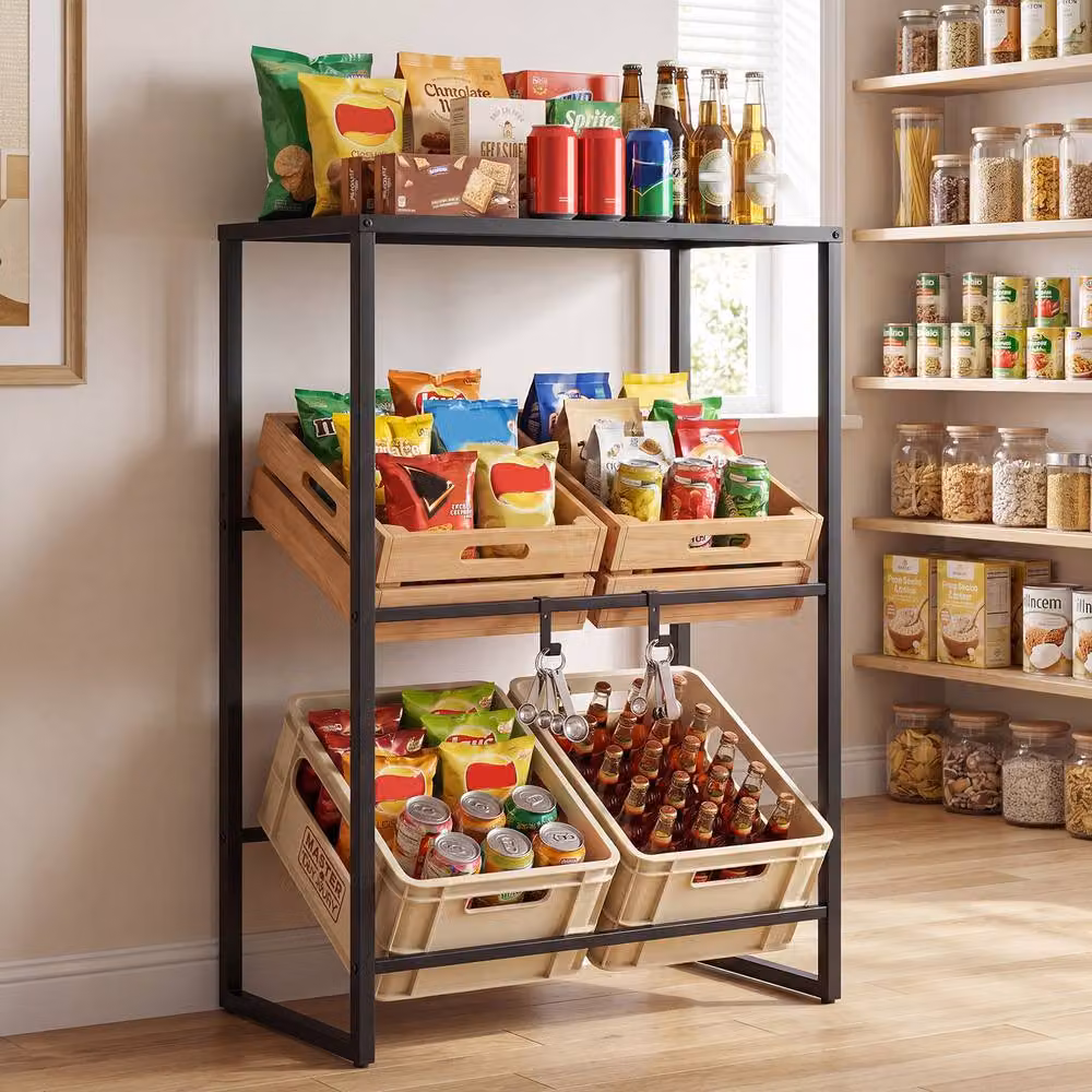 Gymax 3-Tier Metal Wine Rack and Drink Storage Shelf in Black, Height: 112 cm – 3