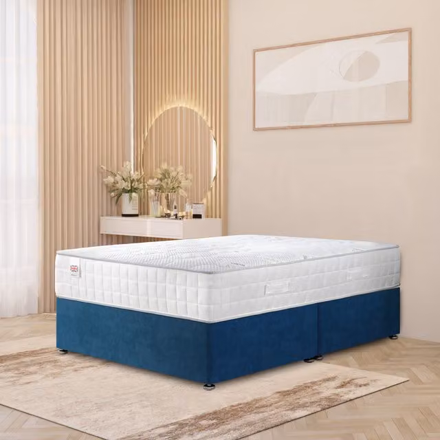 Horizona Blue Plush Velvet Upholstered Hybrid Divan Bed with Knit Memory Foam Mattress