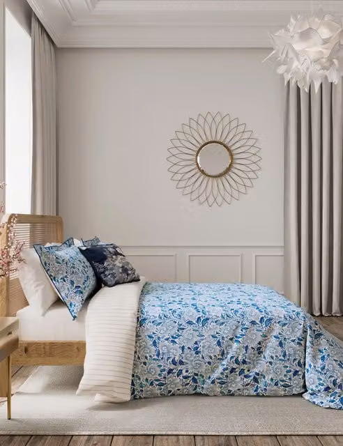 V&A Ornamental Bloom Floral Cotton Bedding Set, Indigo Blue, W: 180 cm x L: 200 cm