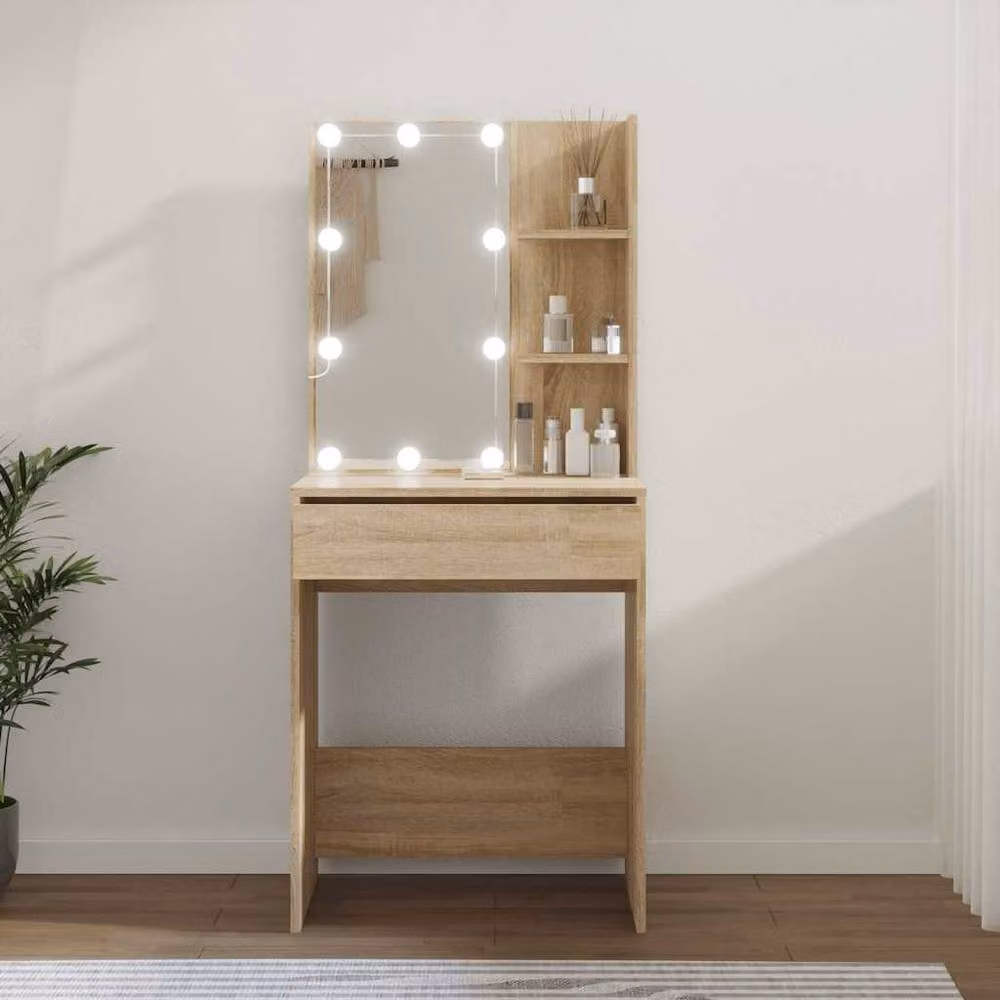 Berkfield Home Hollywood LED Dressing Table in Sonoma Oak and Light Tan, W/D/H: 60 x 40 x 140 cm – 2