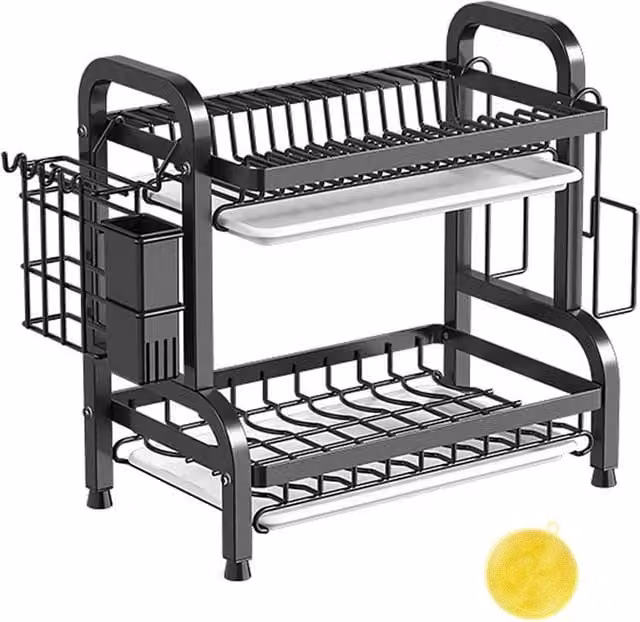Ventryn 2 Tier Large Dish Drainer Rack with Cutlery Holder and Drip Tray, Black