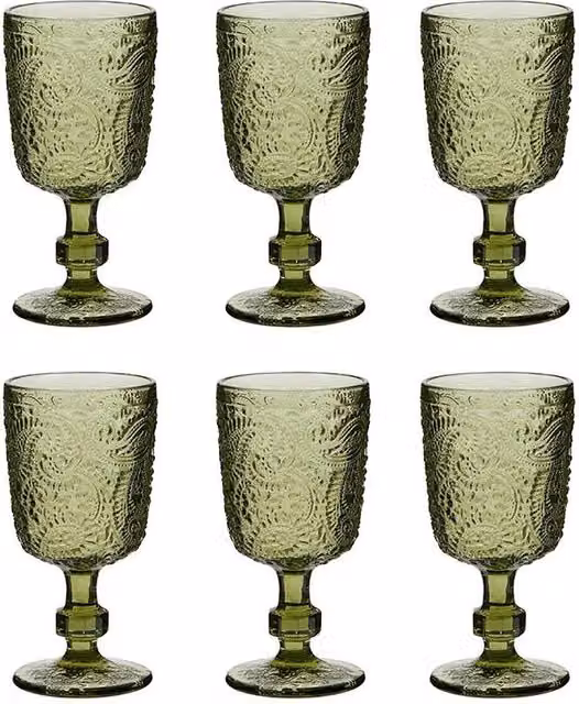 Dibor Set of 6 Green Luxury Glass Wine Goblets, 300ml per glass