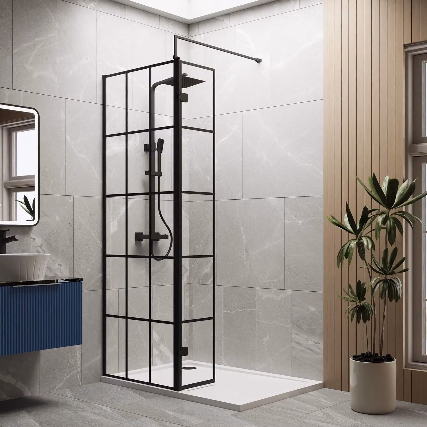 Balterley Single Panel Hinged Wetroom Swing Screen with 8mm Clear Safety Glass and Black Frame, W: 300 mm, H: 193.2 cm – 2