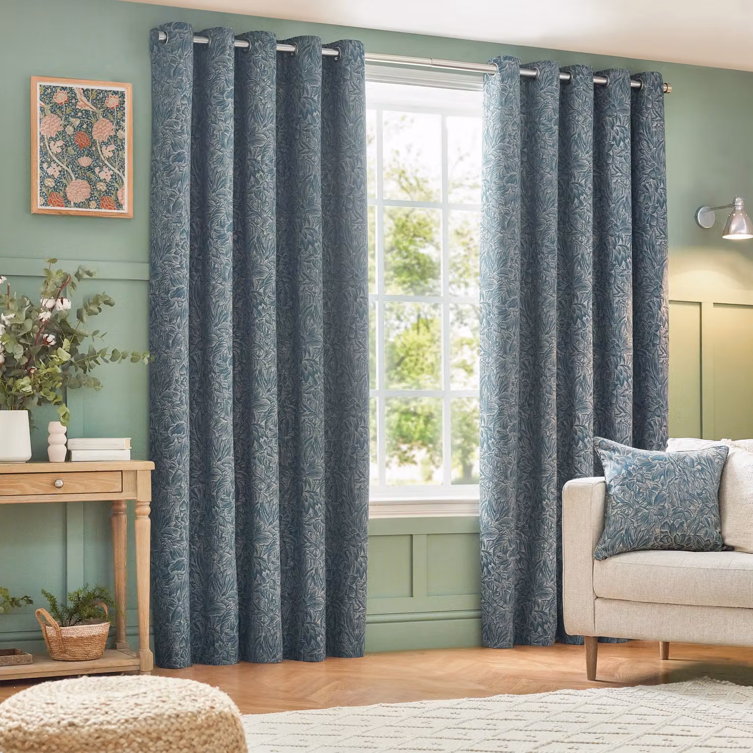Wylder Nature Grantley Floral Jacquard Eyelet Curtain Pair in Blue, Width: 117 cm, Drop: 137 cm – 2