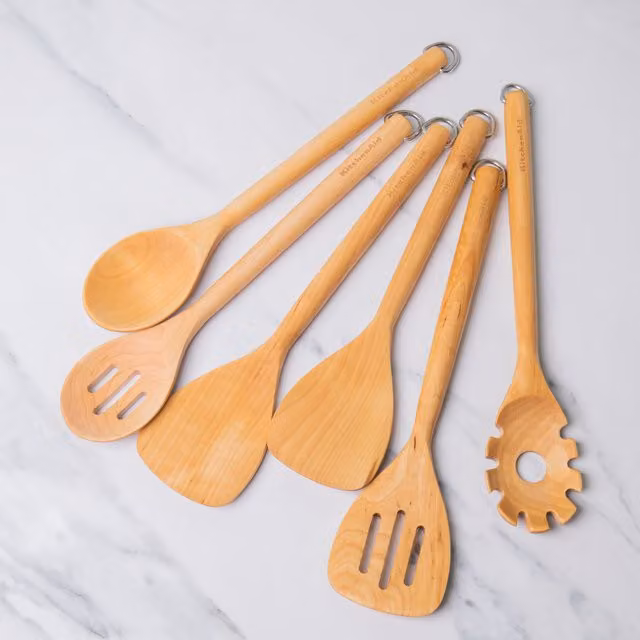 KitchenAid 6-Piece Kitchen Tool Set in Brown with Wood and Stainless Steel