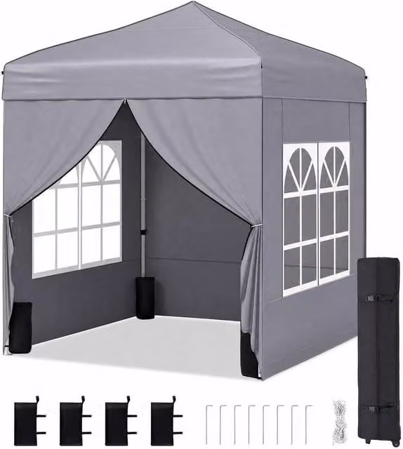 Gymax Grey Pop Up Camping Tent Sunshade Shelter with 4 Sidewalls and Windows, W/D/H: 194 x 194 x 236 cm