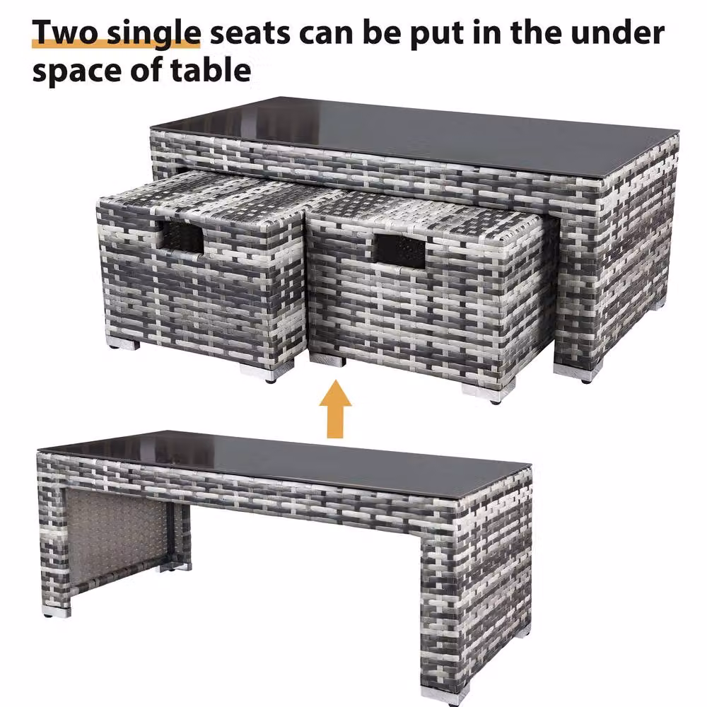 BTM Grey L-Shape Outdoor Rattan Sofa Set with Coffee Table, Ottomans and Upholstered Cushions – 6