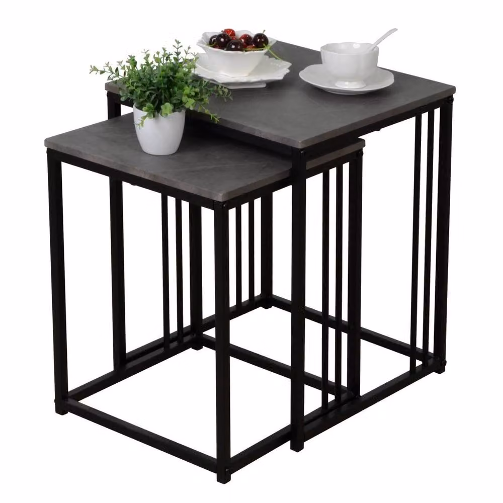 FORGEVIO Modern Nesting Side Tables in Grey Dark Stone Effect with Square Composite Tops – 3
