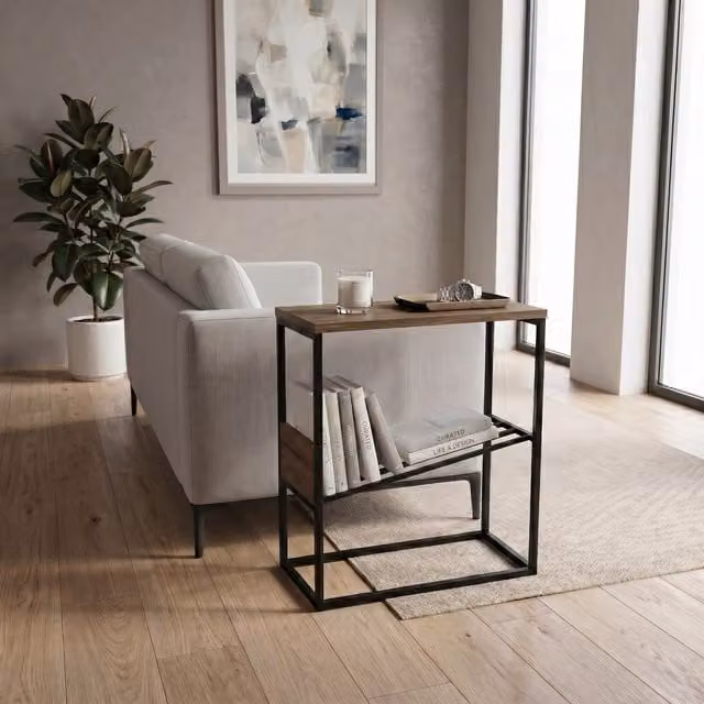 Decortie Tenol 2-Tier End Table with Angled Book Rack in Dark Oak Brown