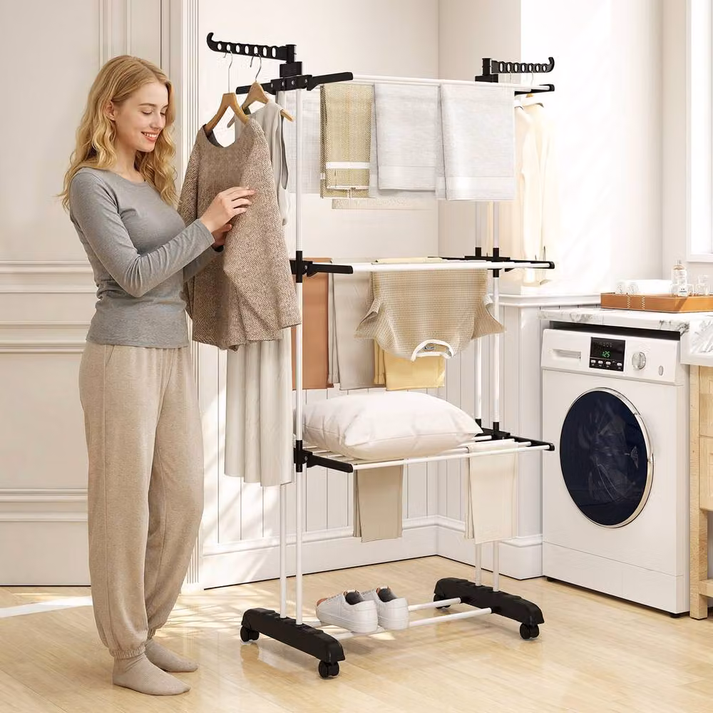 STILVORA 4-Tier Metal Clothes Drying Rack with Wheels and Hooks in Black and White – 2