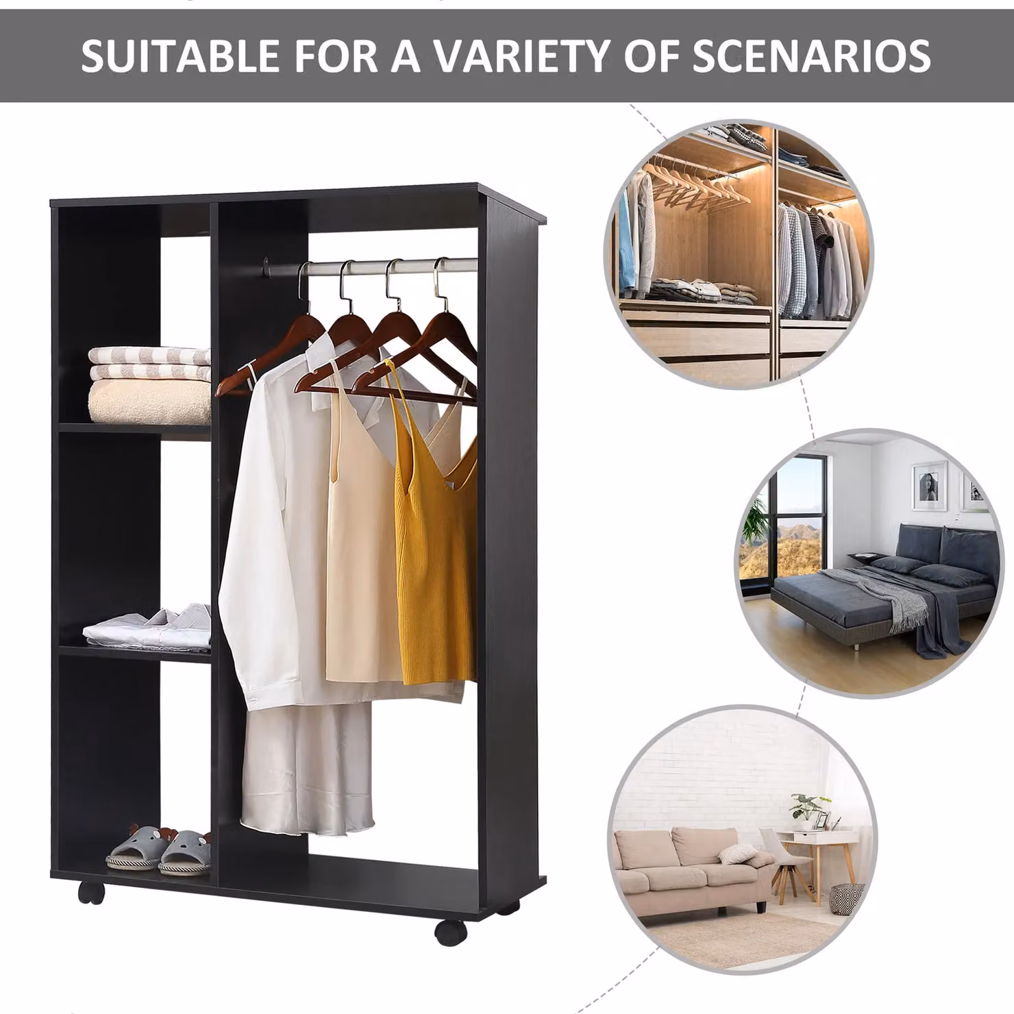 HOMCOM Rolling Open Wardrobe with Hanging Rail and Storage Shelves in Black – 4